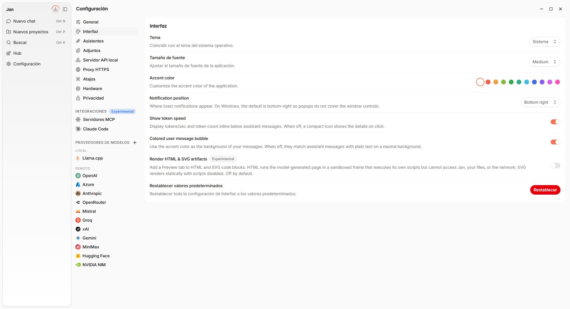 5. Menú de Configuración  - Sección: Interfaz